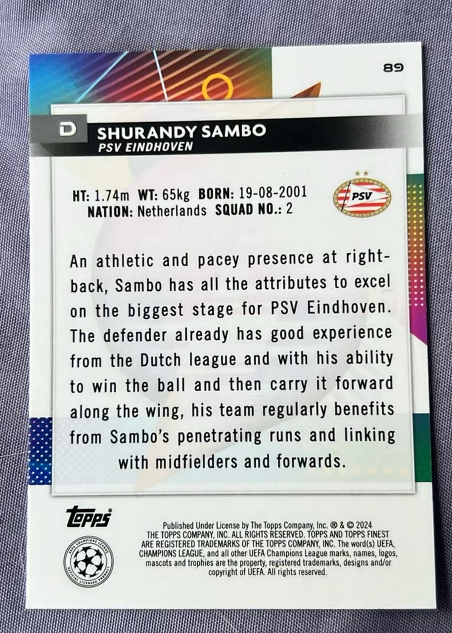 2024 Topps Finest UEFA Champions League Shurandy Sambo, foto 2