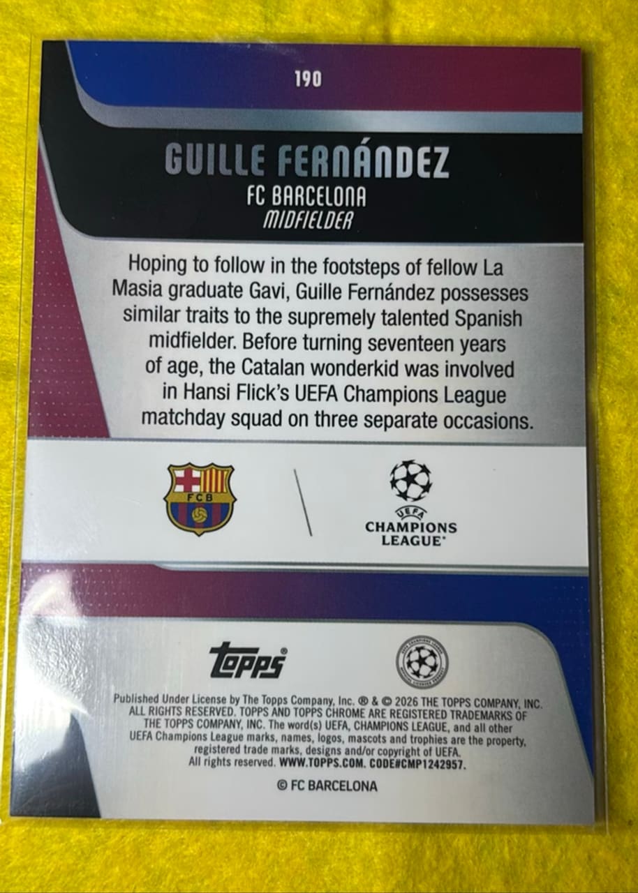 2026 Topps Chrome UEFA Champions League Guille Fernández · Numerada 056/299, foto 2