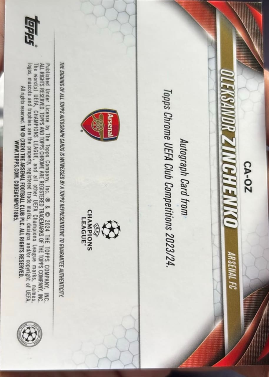 2023-24 Topps Chrome UEFA Champions League Oleksandr Zinchenko Arsenal · Numerada 111/250, foto 2