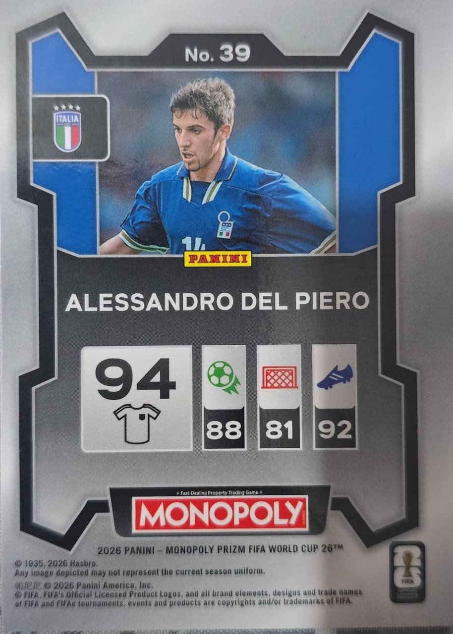 2026 Panini Monopoly Prizm FIFA World Cup 26 Alessandro Del Piero, foto 2