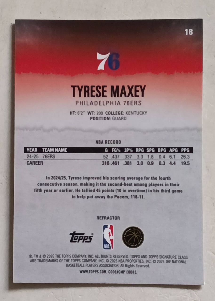 Tarjeta Tyrese Maxey silver refractor, foto 2