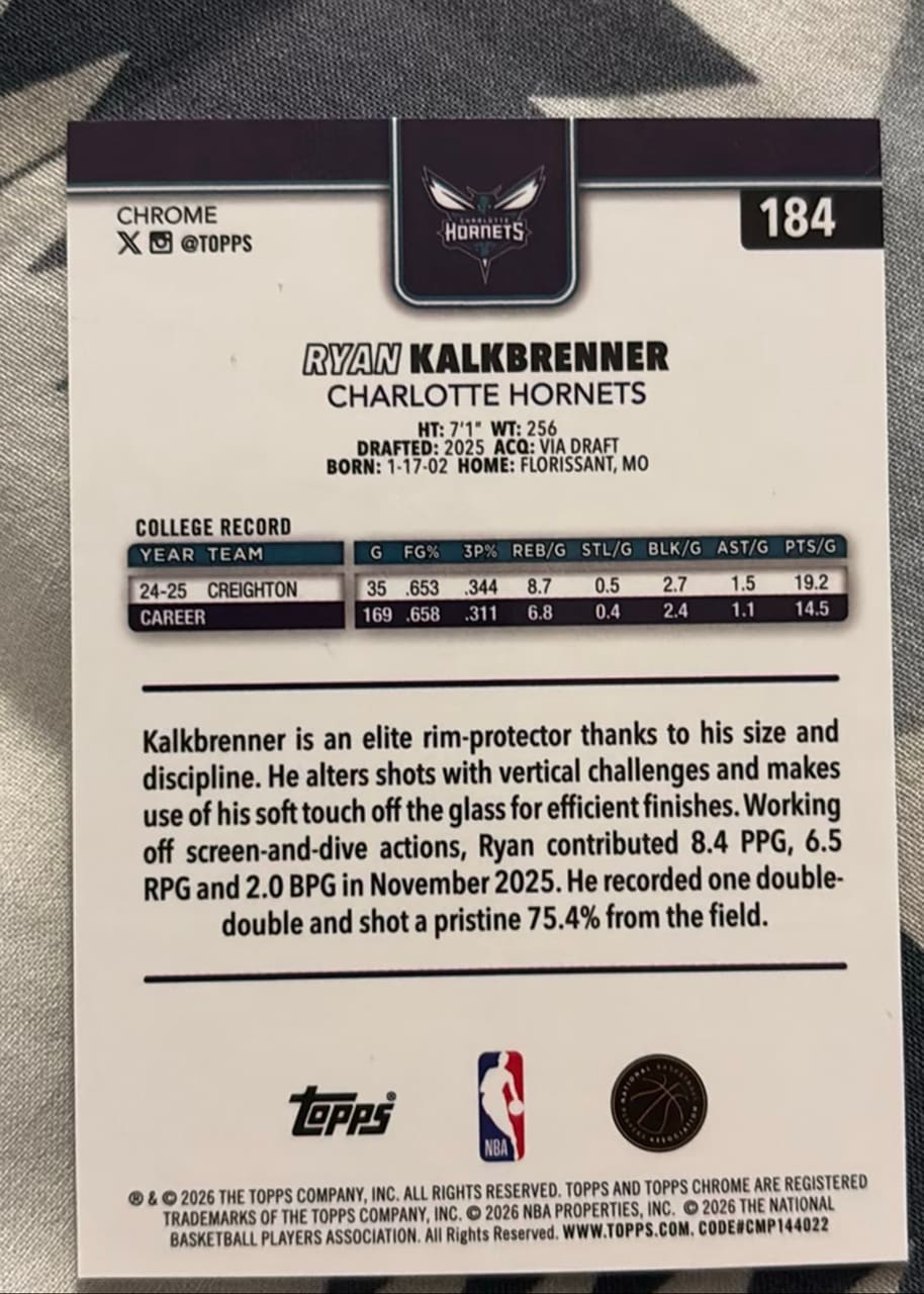 2025-26 Topps Chrome Ryan Kalkbrenner, foto 2
