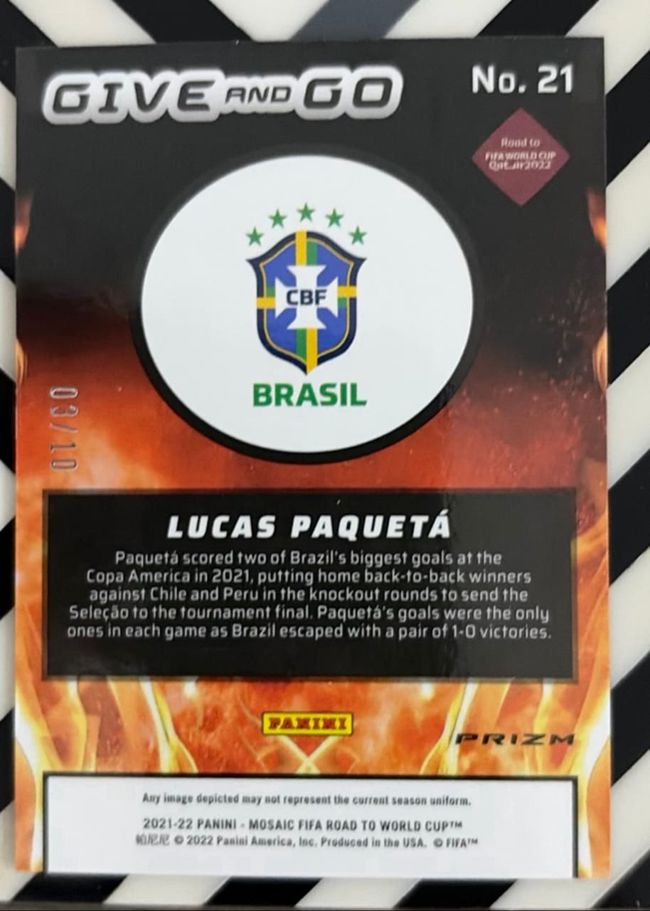 2021-22 Panini Mosaic FIFA Road to World Cup Lucas Paquetá · Numerada 01/100, foto 2